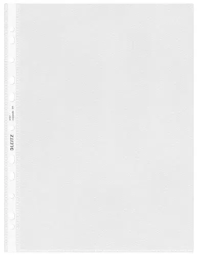 Produktbild: Leitz Standard Prospekthüllen-Set A4, 100 Stück durchsichtige gelochte Taschen, 30% Pre-Consumer-Recycling-Kunststoff, 100% recycelbar, oben und links öffnende Kunststofftaschen, 85 Micron, 47970000