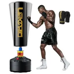 Produktbild: LEKÄRO Freistehender Boxsack mit Boxhandschuhe Kickboxsack Schwerer Erwachsenen Standboxsack mit Saugfuß Muay Thai MMA Training (Schwarz Gold)