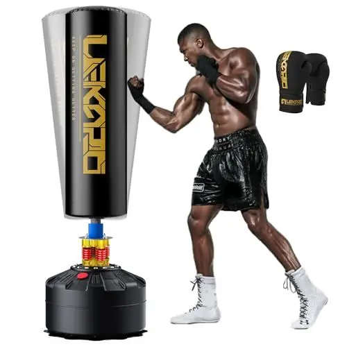 Produktbild: LEKÄRO Freistehender Boxsack mit Boxhandschuhe Kickboxsack Schwerer Erwachsenen Standboxsack mit Saugfuß Muay Thai MMA Training (Schwarz Gold)