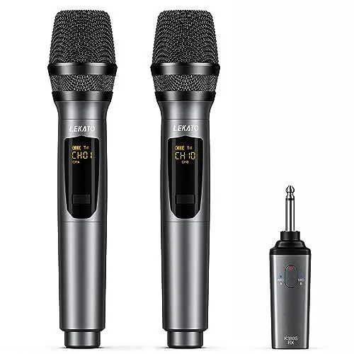 Produktbild: Kabelloses Mikrofon LEKATO,Mikrofone mit 30 Stunden Laufzeit für Karaoke,wiederaufladbar,Dual-Handmikrofon aus Metall zum Singen,schnurloses Mikrofonset für DJs,Gesang,Reden,Kirche,Party, Hochzeit