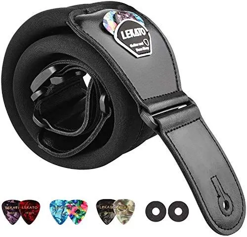 Produktbild: LEKATO Gitarrengurt mit Memory Foam, gepolsterter Gitarrengurt verstellbarer Gitarrengurt für akustische und elektrische Bassgitarren (Schwarz-kurz)