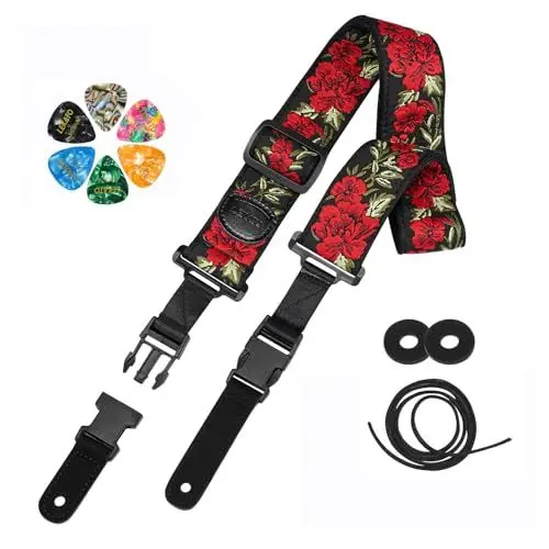 Produktbild: LEKATO Gitarrengurt mit Schnellverschluss Lederenden, Flower Embroidered Guitar Strap mit Guitar Picks, Gurtschlösser für Akustikgitarre, E-Gitarre, Bass