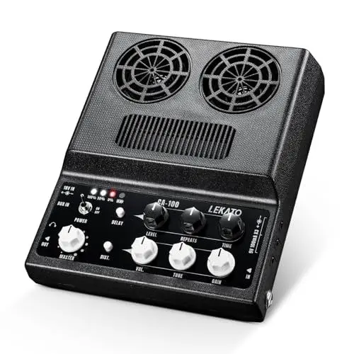 Produktbild: LEKATO Gitarrenverstärker 20W, Tragbarer Bluetooth-Gitarrenverstärker, Kombi-Verstärker mit Distortion & Delay Effekt, Geeignet für E-Gitarre und Akustikgitarre (DE)