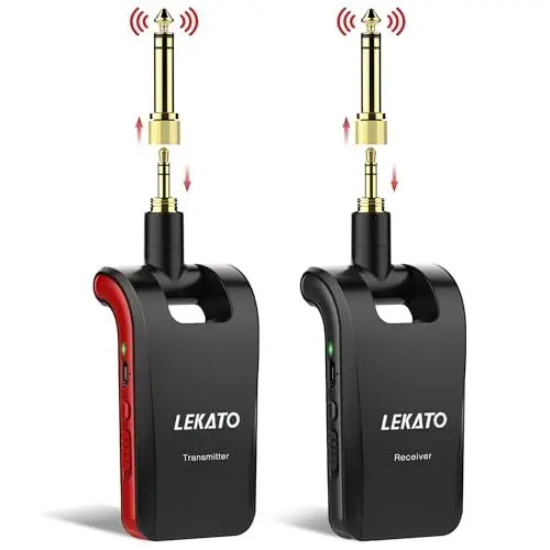 Produktbild: LEKATO Stereo 2.4GHZ Guitar Wireless System Wiederaufladbarer Gitarrensender Empfänger für Gitarren, Bass, Keyboard, Musikinstrumente Stereo & Mono Sound Supporting