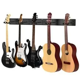Produktbild: LEKATO Wandhalterung Gitarrenaufhänger Basshalter E-Gitarrenständer zum Halten von 5 Gutiars&Bass Aluminium-Lamellen-Wandschienensystem Metall-Gitarren-Rack-Nähdesign