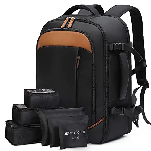 Produktbild: Lekespring Große Rucksack Handgepäck für Herren Damen, 17 Zoll Laptop Rucksack Reiserucksack mit 6 Teilige Kleidertaschen-Packing Cubes für Urlaub Business Arbeit, Schwarz mit PU-Leder