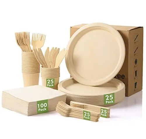 Produktbild: LEKOCH 25 Gäste Bambus Einweggeschirr Pappgeschirr Set mit Pappteller Bambus Besteck Becher Servietten Partygeschirr Robust