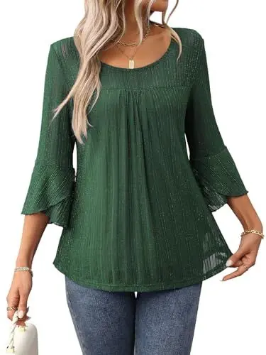 Produktbild: LEKOPUR Bluse Damen Sommer 3/4 Arm Elegant Glitzer Oberteile Festliche Oberteil für Party Outfit Tunika Damenblusen Dunkelgrün