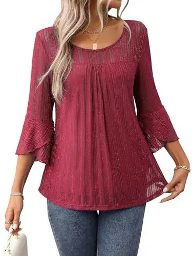 Produktbild: LEKOPUR Bluse Damen Sommer 3/4 Arm Elegant Glitzer Oberteile Festliche Oberteil für Party Outfit Tunika Damenblusen Rotwein