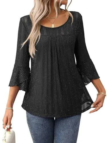 Produktbild: LEKOPUR Bluse Damen Sommer 3/4 Arm Elegant Glitzer Oberteile Festliche Oberteil für Party Outfit Tunika Damenblusen Schwarz