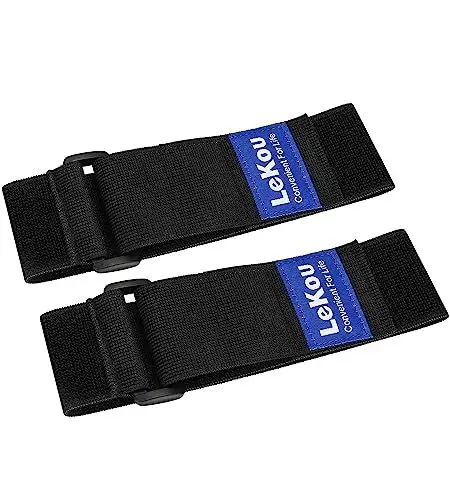 Produktbild: LeKou elastischer Kabelbinder mit Klettverschluss 5cm x 46cm (8er Pack) schwarzer, dehnbarer Klettverschlussgurt mit Schnalle - Fahrrad, LKW, Bootsverlängerungskabel, Seile, Schläuche
