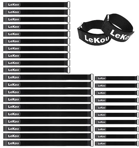 Produktbild: Lekou 30 Stück Klettbänder Klettband mit Metallschnalle,kabelbinder Klettverschluss, 30cm,20cm,15cm Wiederverschließbar Klett Kabelbinder zum Organisieren Ihrer Kabel, Schnüre, Schläuche usw schwarz