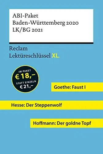 Produktbild: Lektüreschlüssel XL. ABI-Paket Baden-Württemberg 2020. LK/BG 2021: Goethe: Faust I. Hesse: Der Steppenwolf. Hoffmann: Der goldne Topf. 3 Bände eingeschweißt (Reclam Lektüreschlüssel XL)