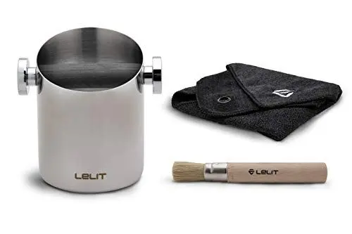 Produktbild: LELIT Zylindrische Knock Box mit Tuch und Bürste - Entsorgungsbox für Kaffeesatz - Silber / Schwarz
