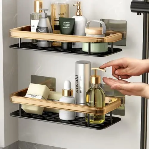 Produktbild: LELYFIT Duschregal, 2 Stück Duschablage Ohne Bohren, Badezimmer Regal selbstklebendes oder Stanzen, Duschorganisator mit Klebeflächen und Haken, Space Aluminium, Rostfrei, Schwarz Golden S2