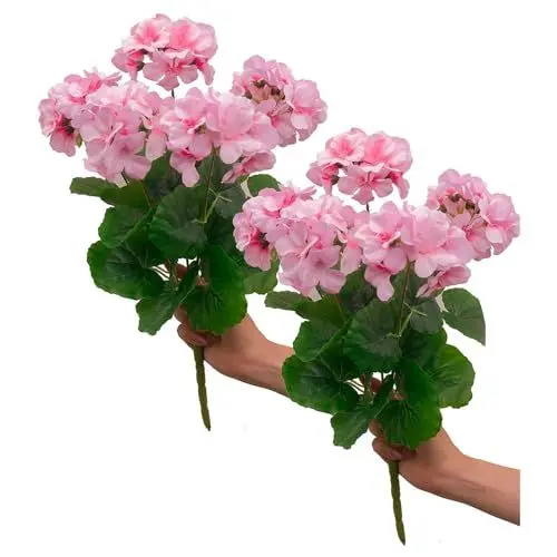Produktbild: LEMCC 2 Stück 13,8 Zoll Künstlicher Geranienstrauch, Künstliche Geranien-Seidenblumen, UV-beständig, Outdoor-Pflanzengeranien für Florale Heimdekoration, Innengarten, Terrasse, Grab, Friedhof,(Rosa)