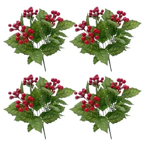 Produktbild: LEMCC 4 Bündel Weihnachtliche Rote Beerensträucher, Künstliche Stechpalmenbeeren mit Grünen Blättern, Weihnachtsbeeren-Picks, Künstliche Rote Beerenstiele, Zweige für Vasen, (große