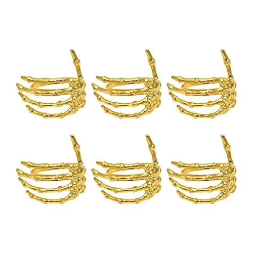 Produktbild: LEMCC 6-teiliges Halloween-Totenkopf-Serviettenring-Set, Gruselige Skeletthand, Halloween-Serviettenringe, Halloween-Serviettenringe, Dekoration für Zuhause, Esstisch, Dekoration(Gold)