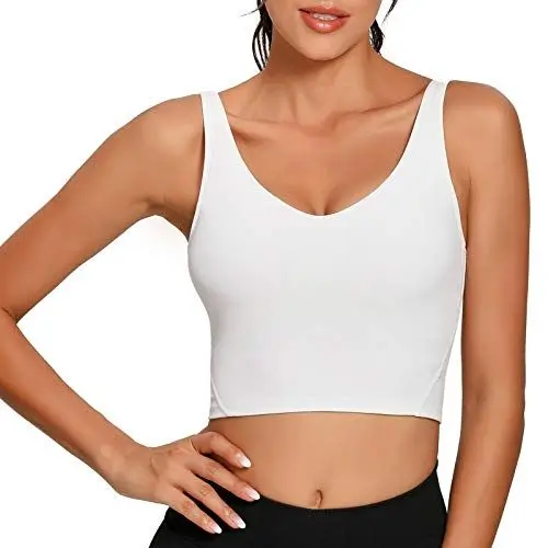 Produktbild: Lemedy Damen Sport-Bustier, langes, bauchfreies Tank-Top, gepolstert, Workout, Laufen, Yoga - Weiß - Large