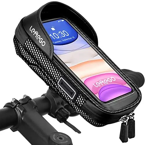 Produktbild: LEMEGO Fahrrad-Telefonhalterung, wasserdicht – Tasche für Fahrrad Lenker Rahmen für Telefon drehbar Fahrrad MTB Schutzhülle Telefon mit Stauraum Touchscreen unter 7 Zoll