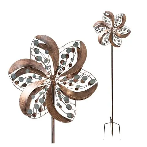 Produktbild: LEMODO Garten Windspiel “Blossom” mit 2 gegenläufigen Rotoren, Windrad aus Metall, Gartendeko in 3 Höhen aufbaubar, Gartenstecker mit 213 cm Höhe, Windmühle in Kupferoptik, Windskulptur mit Charme