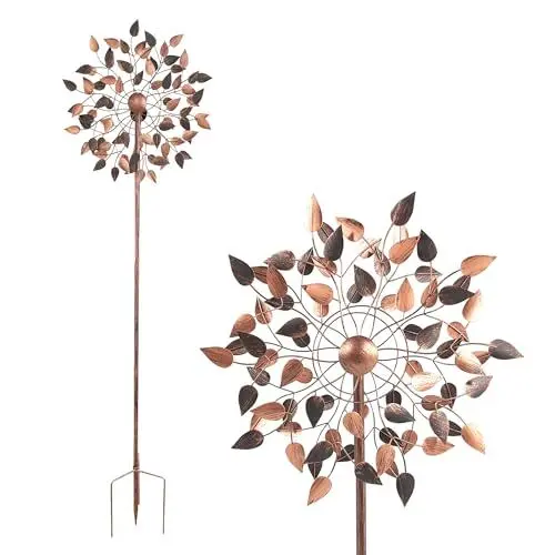 Produktbild: Lemodo großes Windspiel mit gegenläufigen Rotoren, Gartendeko in 2 Höhen aufbaubar, Gartenstecker mit 213 cm Höhe, Windmühle in Kupferoptik, Windskulptur mit Charme, NA203