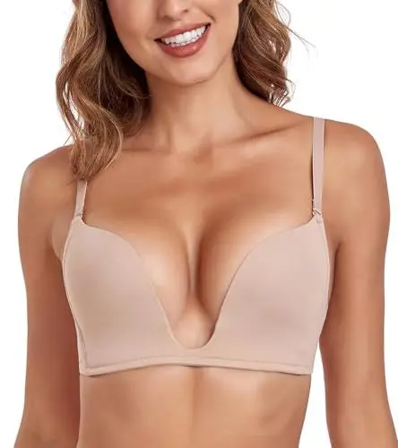 Produktbild: Lemorosy Damen Push up BH Tief V-Ausschnitt Leicht Gepolstert U-Form BH Ohne Bügel(Beige,90C)