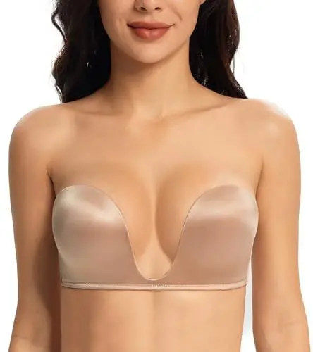 Produktbild: Lemorosy Damen Trägerloser BH Push Up U Bügel Komfort Gepolstert Rückenfrei Bra mit Abnehmbare Träger(Beige,75A)