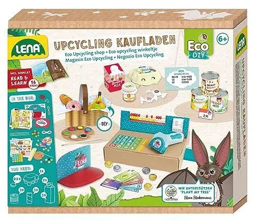 Produktbild: LENA 42837 Eco Upcycling Bastelset Kaufladen, Set zur Nutzung recycelter Verpackungen zum Basteln eines eigenen Supermarkt, Kreativset für Kinder ab 6 Jahren