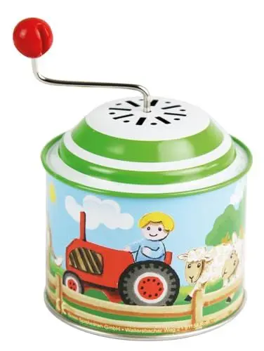 Produktbild: LENA 52760 Musikdrehdose Bauernhof, Musikdose ca. 10,5 x 7,5 cm, Blechdrehdose mit Melodie Old Mc Donald Has a Farm, Drehdose aus Metall, Drehorgel für Kinder ab 18 Monate, Motiv Orgel