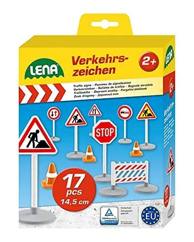 Produktbild: Lena 04440 - Verkehrszeichen Set mit 17 Teilen, mit 9 Verkehrsschilder ca. 16 cm, 5 Pylonen und 3 Bauzäunen, optimal für Lena Spielfahrzeuge Truxx, Worxx, Truckies, EcoAktives, Aktive und andere