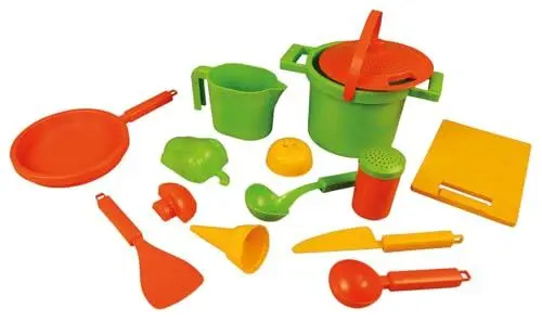 Produktbild: Lena 5401 Eco Sandset Kochen 14-teilig, Kochtopf, Sieb, Salzstreuer, Kelle, Messbecher, Pfanne, Heber, Schneidebrett, 3 Gemüse-Förmchen, Eislöffel, Eistüte, Kunststoff-Holz-Mix, für Kinder ab 1 Jahr