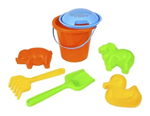 Produktbild: Lena 05416 Happy Sandset, Strandspielzeug 7-teilig, Sandgarnitur mit Eimer, Sieb, Mehlschaufel, Harke, Lamm-Förmchen, Enten-Förmchen und Schwein-Förmchen, Sandspielzeug für Kinder ab 12 Monaten