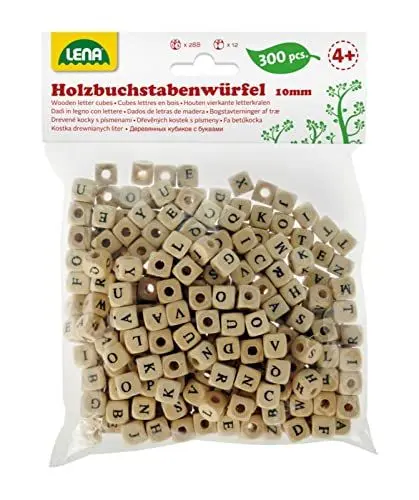Produktbild: Lena 32005 Bastelset Buchstabenwürfel aus Holz, 300 Fädelperlen Form und mit Buchstaben, Holzperlen Kinder ab 3 Jahre, Perlen Set zum selber Basteln von Perlenschmuck, Würfel Natur-Schwarze Schrift