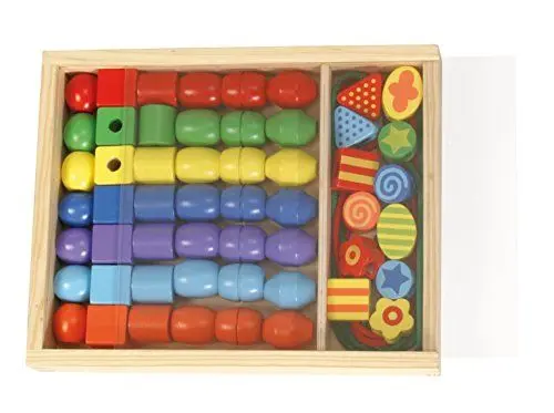Produktbild: Lena 32010 - Bastelset Holzfädelperlen in Holzkassette, mit 54 Fädelperlen aus FSC 100% Holz, ca. 3 cm groß, Holzperlen Set für Kinder ab 3 Jahre, Perlen Set zum selber gestalten von Schmuckketten