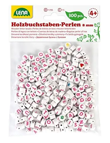 Produktbild: Lena 32050 Bastelset Buchstabenperlen aus Holz, 300 runden Fädelperlen und mit rosa Buchstaben, Holzperlen Set für Kinder ab 3 Jahre, zum selber basteln von Perlen Schmuck, Weiß, Mittel