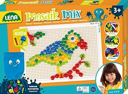 Produktbild: Lena 35594 - Mosaik Steckspiel Set, Steckmosaik mit 400 Stecker, Mosaikstecker Ø 5mm, 10mm und 15mm, Mosaikspiel für Kinder ab 3 Jahre, Komplettset mit Steckplatte ca. 28 x 19,5 cm und Organizer