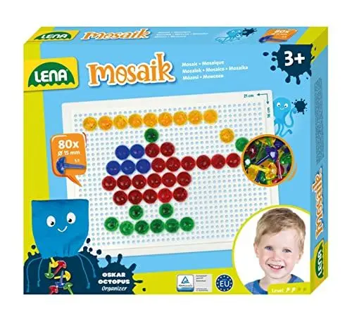 Produktbild: Lena 35622 - Mosaik Steckspiel Set, Steckmosaik mit 80 transparente Stecker, Mosaikstecker Ø 15 mm, Mosaikspiel für Kinder ab 3 Jahre, Komplettset mit Steckplatte ca. 21 x 16 cm und Organizer, bunt
