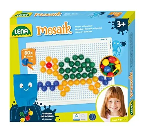 Produktbild: Lena 35624 - Mosaik Steckspiel Set, Steckmosaik mit 80 farbigen Stecker, Mosaikstecker Ø 15 mm, Mosaikspiel für Kinder ab 3 Jahre, Komplettset mit Steckplatte ca. 21 x 16 cm und Organizer, bunt, Mittel