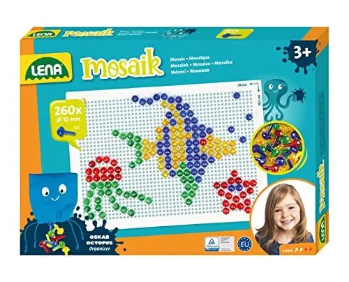 Produktbild: Lena 35626 - Mosaik Steckspiel Set, Steckmosaik mit 260 transparente Stecker, Mosaikstecker Ø 10 mm, Mosaikspiel für Kinder ab 3 Jahre, Komplettset mit Steckplatte ca. 28 x 19,5 cm und Organizer, bunt