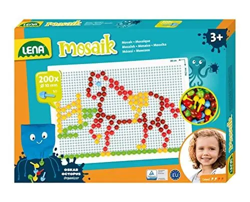 Produktbild: Lena 35628 - Mosaik Steckspiel Set, Steckmosaik mit 200 Stecker, Mosaikstecker Ø 10 mm, Mosaikspiel für Kinder ab 3 Jahre, Komplettset mit Steckplatte ca. 28 x 19,5 cm und Organizer, bunt