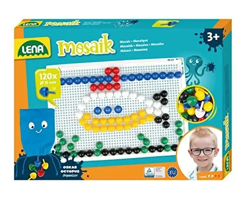 Produktbild: Lena 35629 Mosaik Steckspiel Set, Steckmosaik mit 120 Stecker, Mosaikstecker Ø 15 mm, Mosaikspiel für Kinder, Komplettset mit Steckplatte ca. 28 x 19,5 cm und Organizer, bunt, Mehrfarbig, Mittel