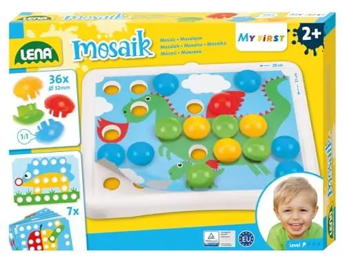 Produktbild: Lena 35630 x Mein erstes Steckmosaik mit 36 Steckern, Mosaiksteine mit Ø von 32 mm, Mosaikspiel mit 7 Steckvorlagen mit abgerundeten Ecken, Steckspiel für Kinder ab 2 Jahre, Mosaik Bastelset, bunt, Mittel
