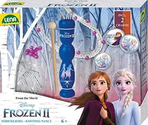 Produktbild: Lena 42032 - Stricklieselset Disney Frozen II, Komplettset mit Strickliesl aus Holz, Wolle eisgrau, Perlen, Anhänger und Stricknadeln, Handarbeitsset für Kinder ab 6 Jahre, Set zum Stricken Lernen