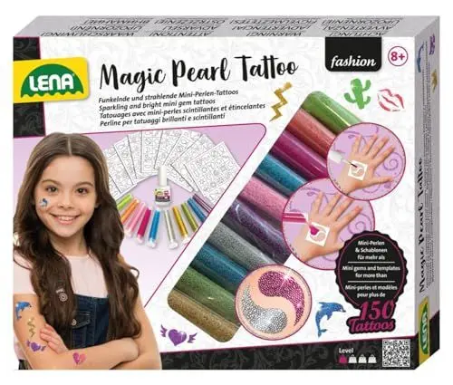 Produktbild: Lena 42442 - Fashion Magische Perlen Tattoo, Bastelset zum Stylen mit Miniperlen in 10 Farben für 150 Tattoos, 200 Schablonen, Mode Set Magic Pearls, abwaschbarer Körperschmuck für Kinder ab 6 Jahren