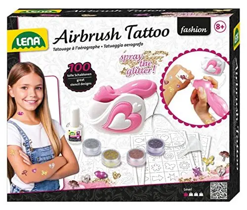 Produktbild: Lena 42443 - Airbrush Tattoo Studio mit 100 Schablonen und 4 Glitter Farben, Sprüh Set für Glitzer Tattoos auf der Haut, Spraystift Station für Bunte Kindertattoos, Tattooset für Kinder ab 8 Jahren