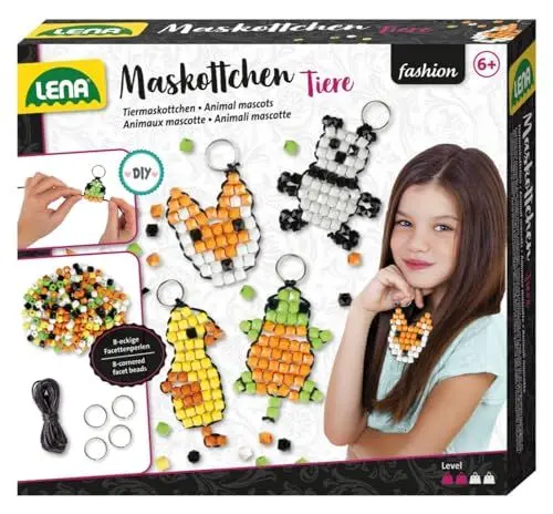 Produktbild: Lena 42547 Maskottchen Tiere - Lena Maskottchen Perlentiere Bastelset ab 6 Jahren, Mit 250 x Bastelperlen und 4 x Schlüsselringen, Schlüsselanhänger mit Perlen basteln