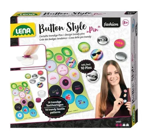 Produktbild: Lena 42566 - Bastelset Button Style Pin, Komplettset für coole Buttons mit 10 Metall Knöpfe, Werkzeug, 14 Textilvorlagen mit tollen Designs und Sprüchen, Fashion Mode Styling Set für Kinder ab 8 Jahre