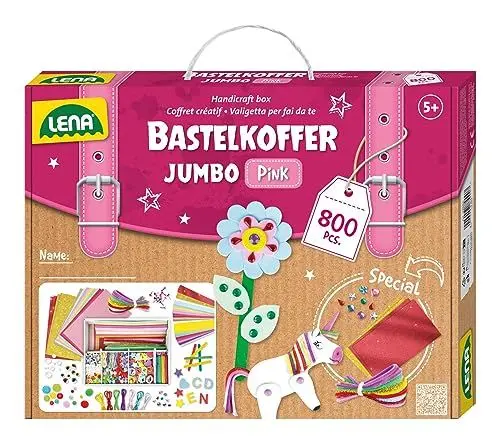 Produktbild: Lena 42664 - Jumbo Bastelkoffer mit 800 Teile in Pastell Farben, Material zum Basteln, mit Moosgummi, Buntpapier, Strasssteine, Pompon, Bänder, Knöpfe, Kulleraugen und vielem mehr, ab 5 Jahre, pink