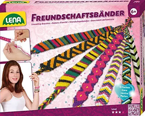 Produktbild: Lena 42689 - Bastelset Freundschaftsbänder knüpfen groß, Komplettset mit 13 farbigen Knüpfgarnen und Fädelperlen, Knüpfset für Kinder ab 6 Jahre, Set mit Anleitung zum Flechten von Schmuckbändern